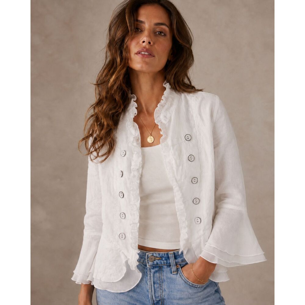 White Linen Ruffle Military Jacket Multiples PXL Bell Sleeve Open Front Blazer